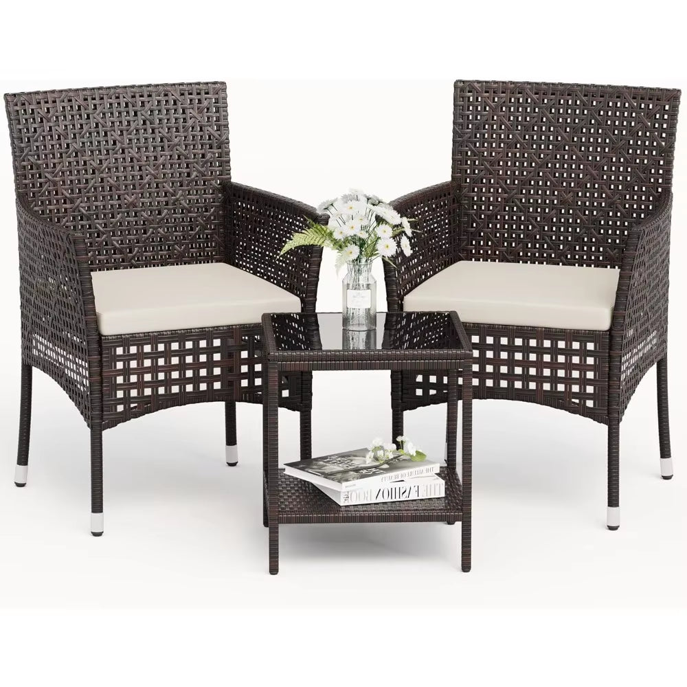 Patio Furniture Set 3 Pieces Outdoor Wicker Chairs Set of 2 with Coffee Table for outside Porch Balcony (Brown)