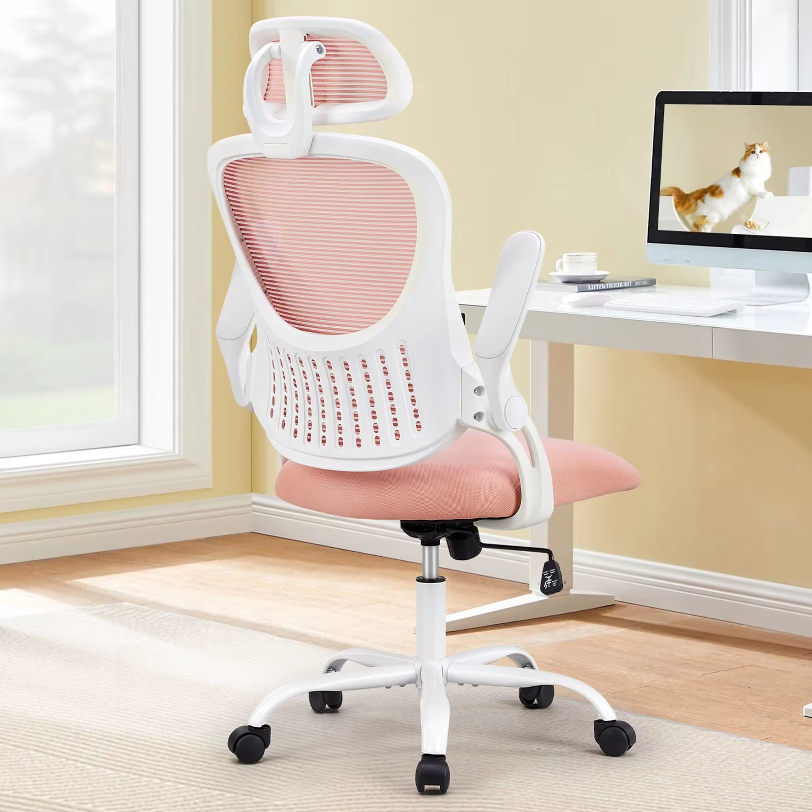 Ergonomic Mesh Office Chair with Adjustable Headrest and Flip-Up Arms, Featuring Comfortable Lumbar Support for Home Office Use
