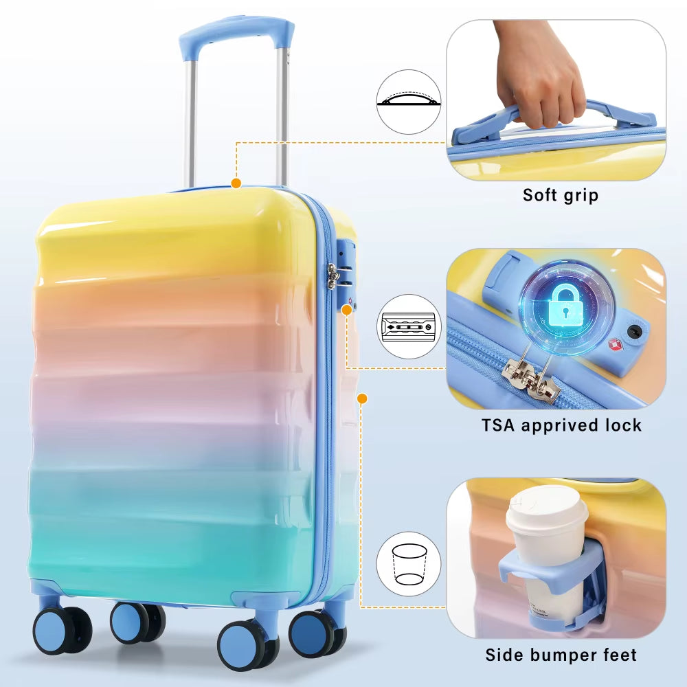 20"Carry-On Luggage with Cup Holder–Lightweight Glossy Hardshell Suitcases with Spinner Wheels TSA Lock Airline Approved