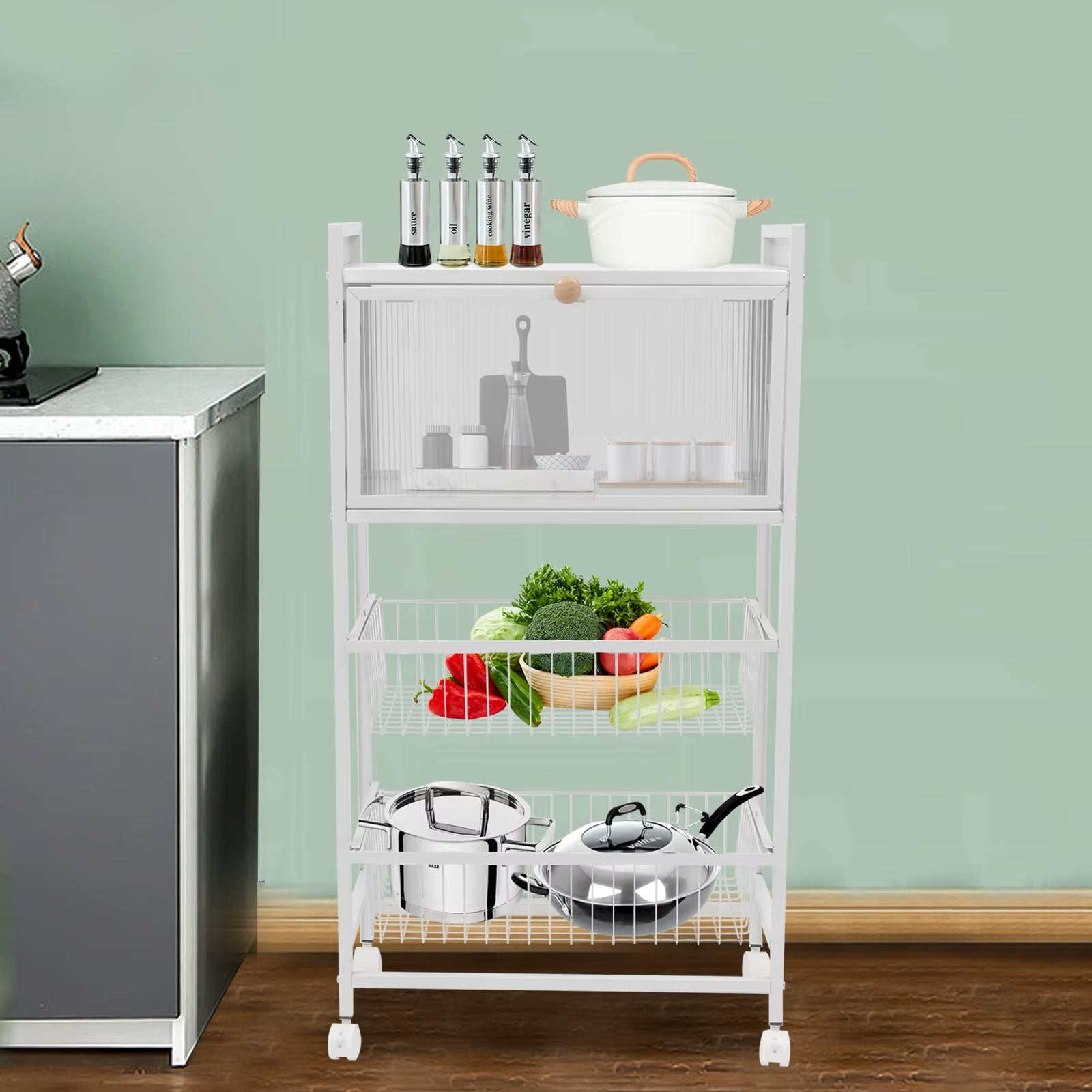 4-Storey Kitchen Storage Rack 55X27.5X96.5Cm with Brake Casters Black/White - Organization Solution for Your Kitchen