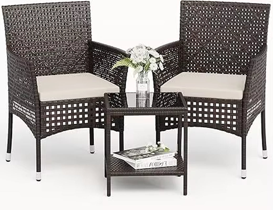 Patio Furniture Set 3 Pieces Outdoor Wicker Chairs Set of 2 with Coffee Table for outside Porch Balcony (Brown)