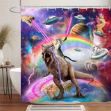Funny Cat Shower Curtain Boys Kids Bathroom Decor, Cool Riding Dinosaur on Fantasy Galaxy Hilarious Curtain, Funky Outer Space