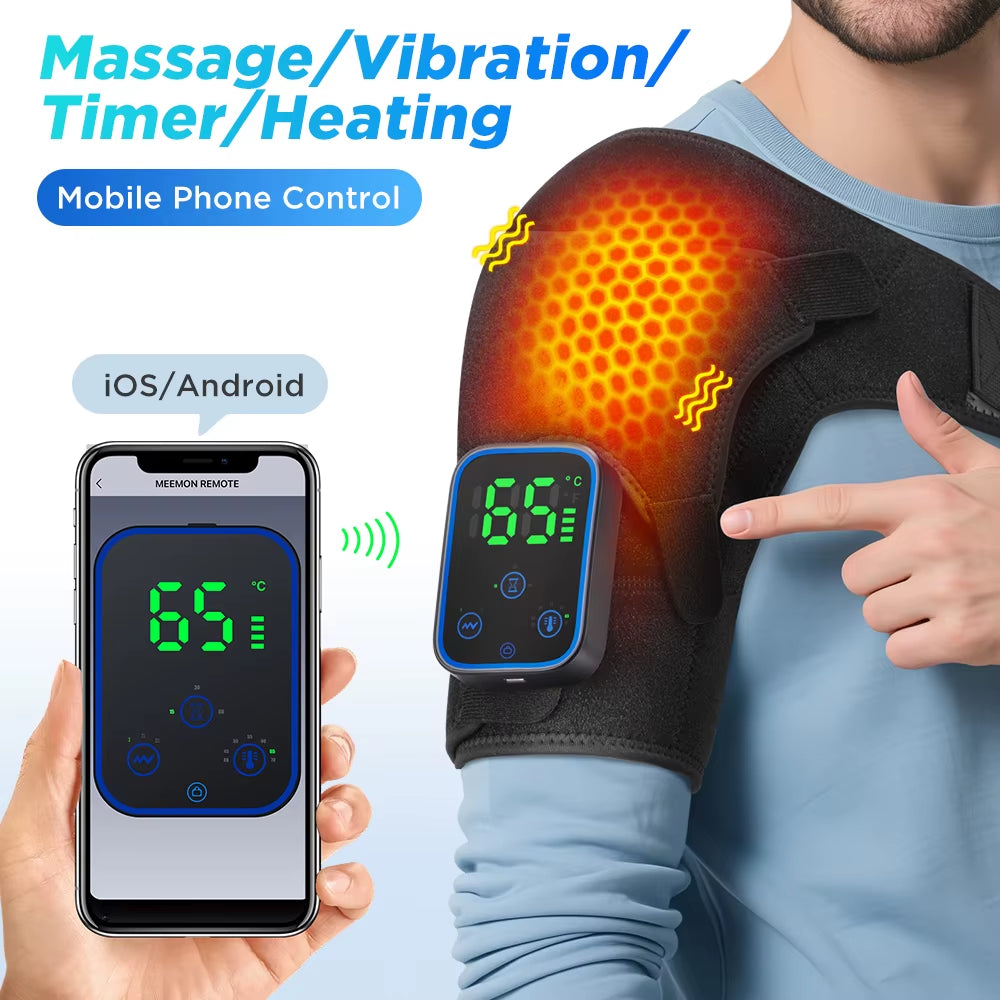 Wireless Shoulder Massager Pad Wrap App-Controlled Graphene Heating 7 Temp Levels 3 Vibration Modes 3 Timers LCD Muscle Relax