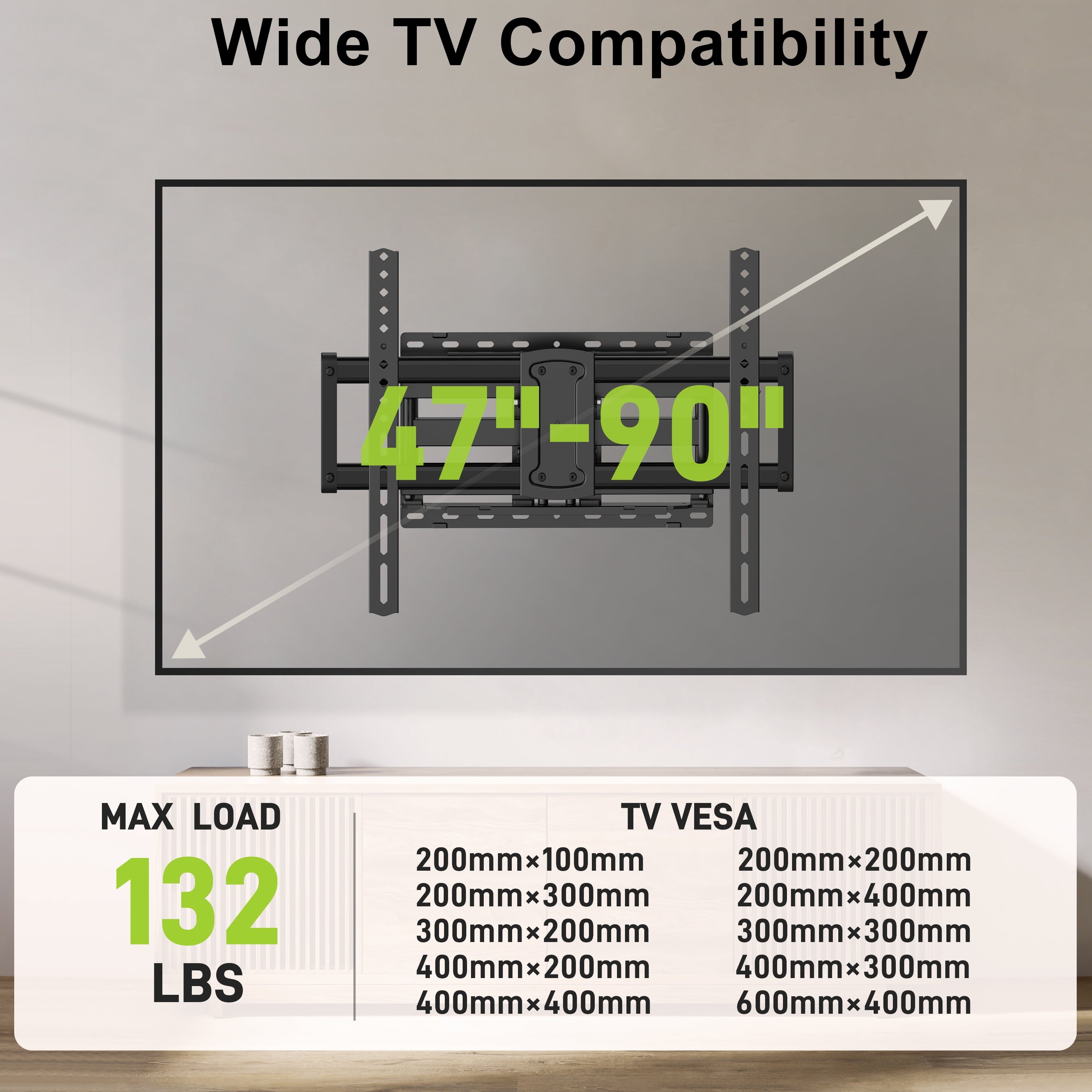 Full Motion TV Wall Mount for 47-90 Inch Tvs Swivels Tilts Extension Rotation Holds up to 132Lbs Max VESA 600X400Mm, Fit 16" Wood Stud