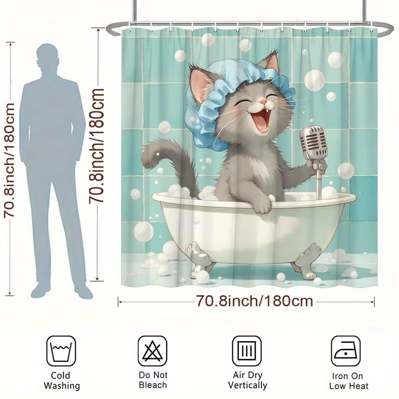 1Pc Anthropomorphic Cat Shower Curtain - Singing in Bathtub, Retro Microphone Design, Polyester, Fashionable Bathroom Decor