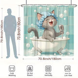1Pc Anthropomorphic Cat Shower Curtain - Singing in Bathtub, Retro Microphone Design, Polyester, Fashionable Bathroom Decor
