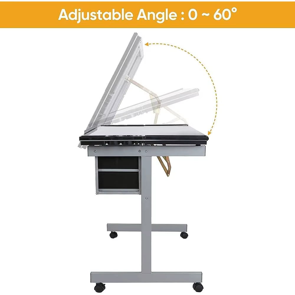 Adjustable Glass-Top Drafting Table with Dual Drawers and Mobility for Artistic and Professional Use in Home or Office