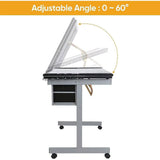 Adjustable Glass-Top Drafting Table with Dual Drawers and Mobility for Artistic and Professional Use in Home or Office