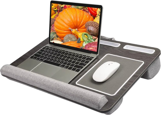 Portable Lap Desk for 17-Inch Laptops with Integrated Mouse Pad, Wrist Support, and Tablet/Phone Holder in Black Woodgrain Finish