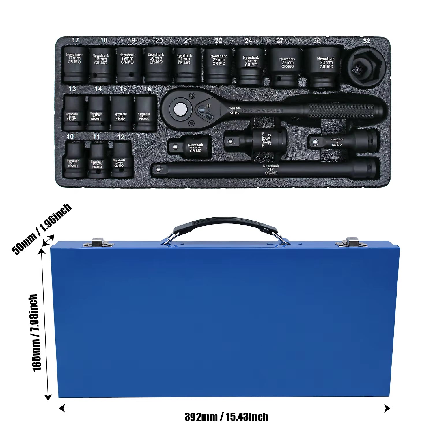 22-Piece 1/2-Inch Impact Socket Wrench Set with Quick Release Ratchet, 6-Point Metric Sizes (10-32mm) for Repairing Applications