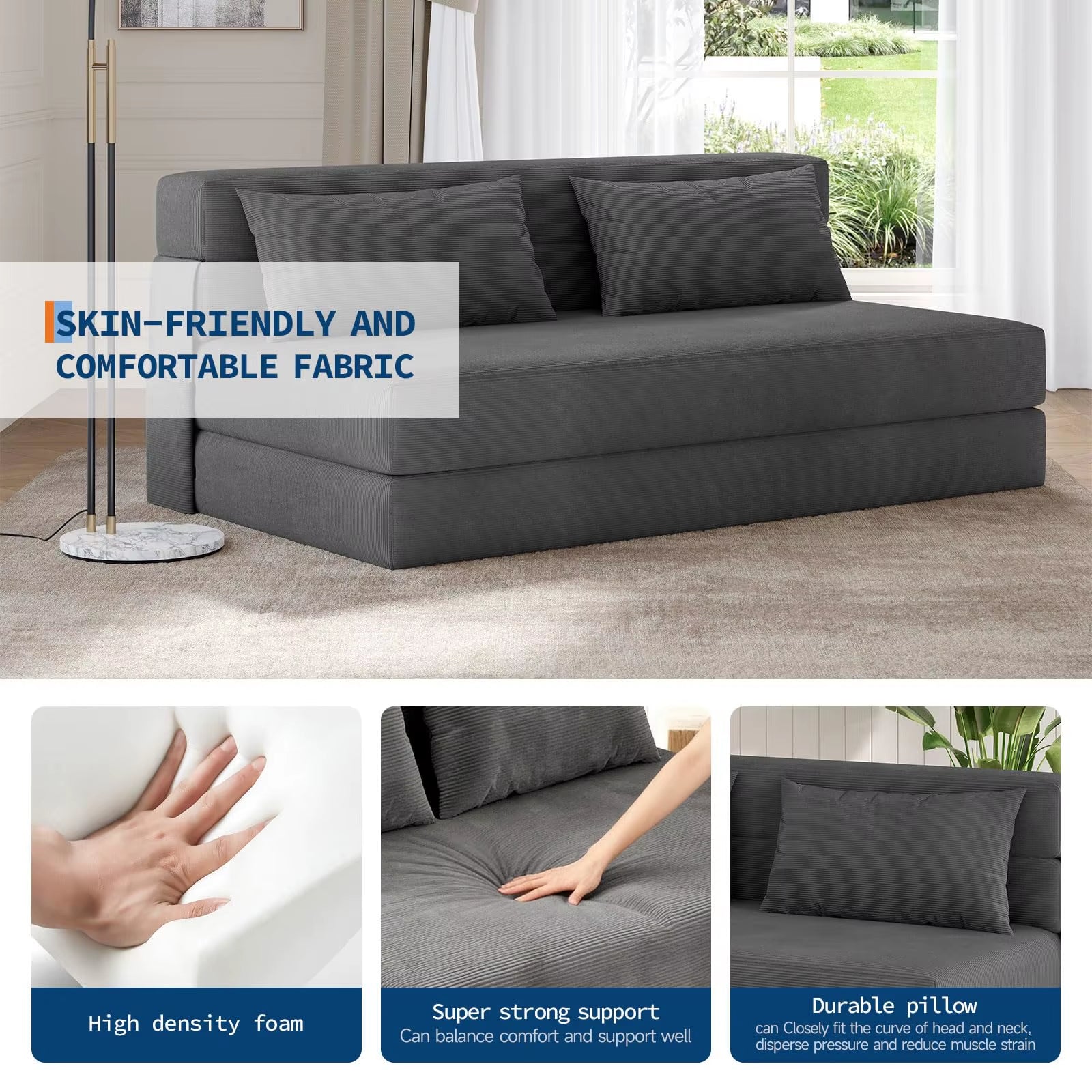4-In-1 Folding Sofa Bed Convertible Sleeper Soft Corduroy Loveseat Couch with Pillow Space-Saving Fold Out Chair Bed for Room