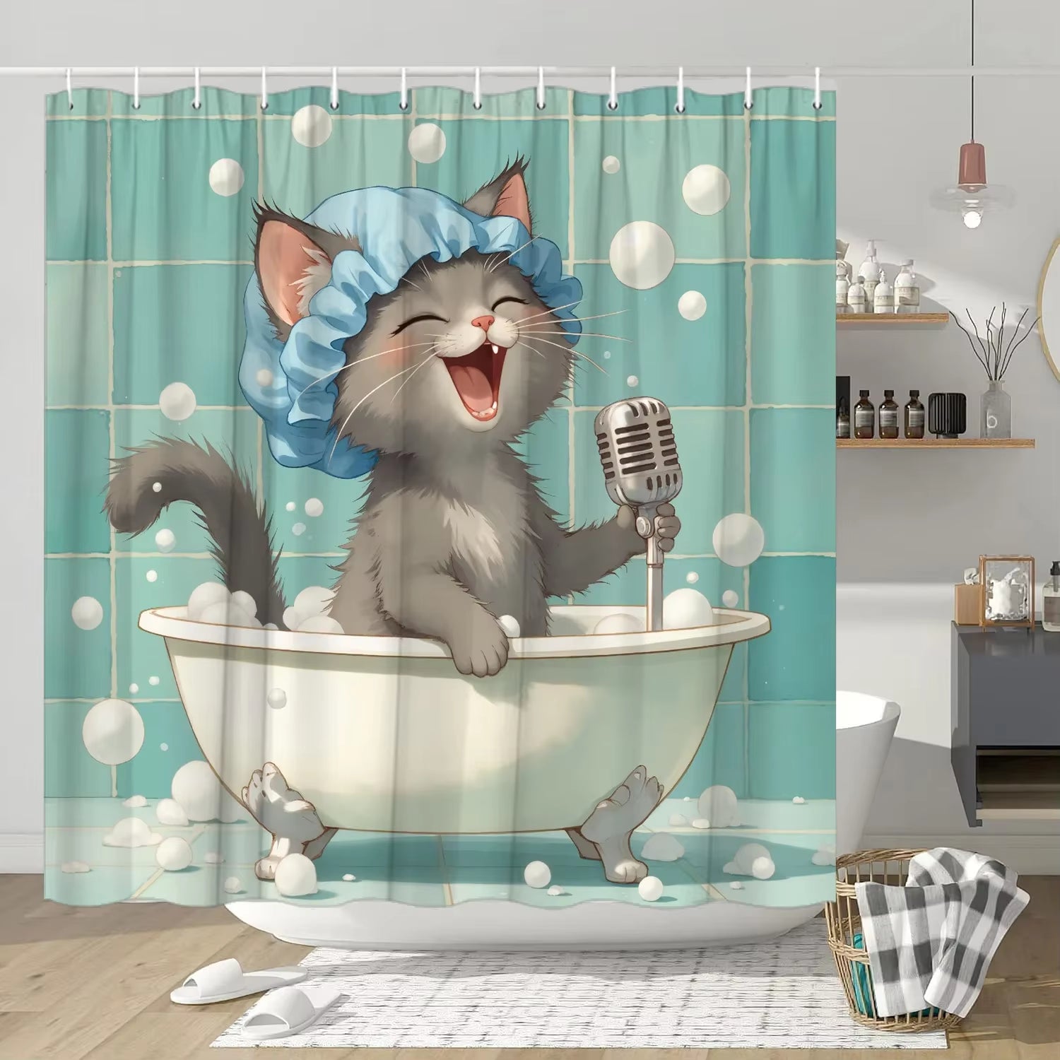 1Pc Anthropomorphic Cat Shower Curtain - Singing in Bathtub, Retro Microphone Design, Polyester, Fashionable Bathroom Decor