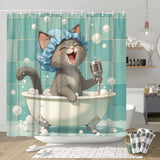 1Pc Anthropomorphic Cat Shower Curtain - Singing in Bathtub, Retro Microphone Design, Polyester, Fashionable Bathroom Decor