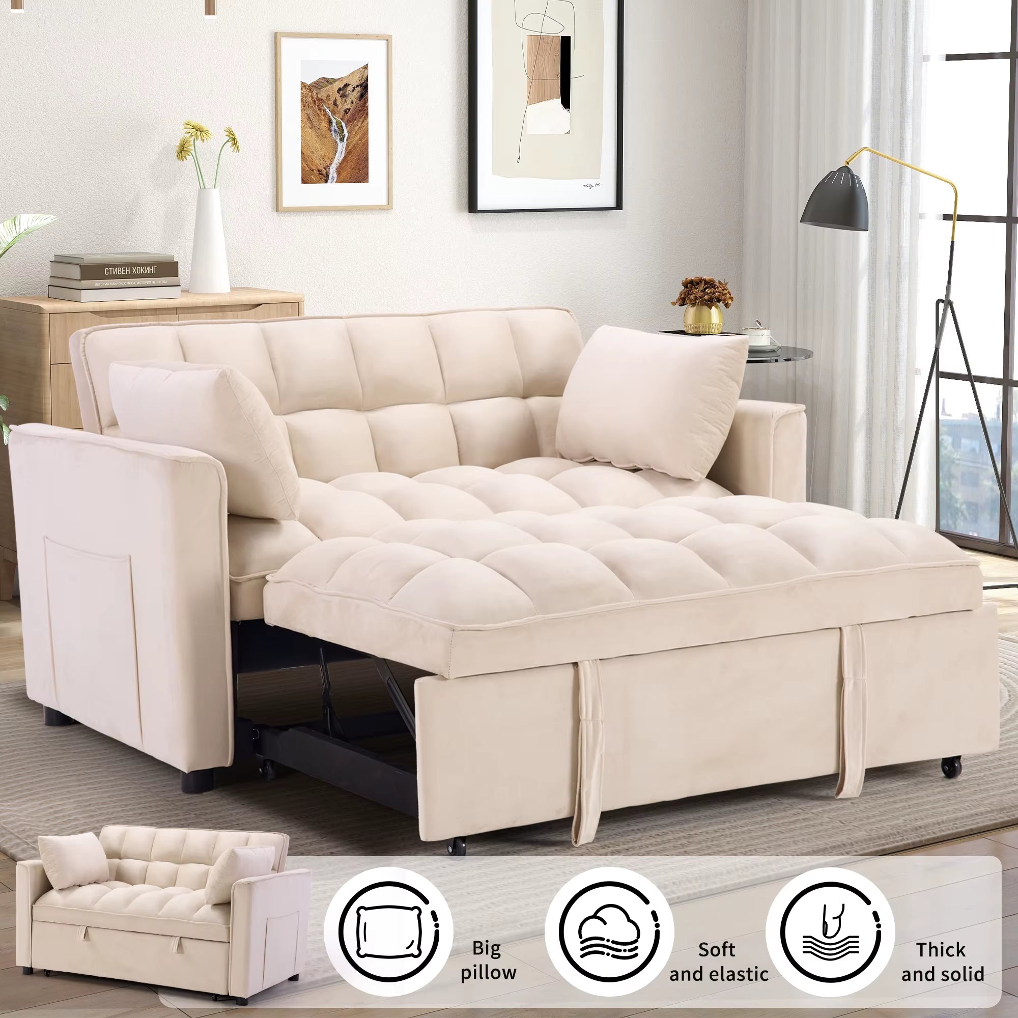 3-In-1 Multifunctional Modern Sofa Bed Comfortable Double Sofa with Pillows