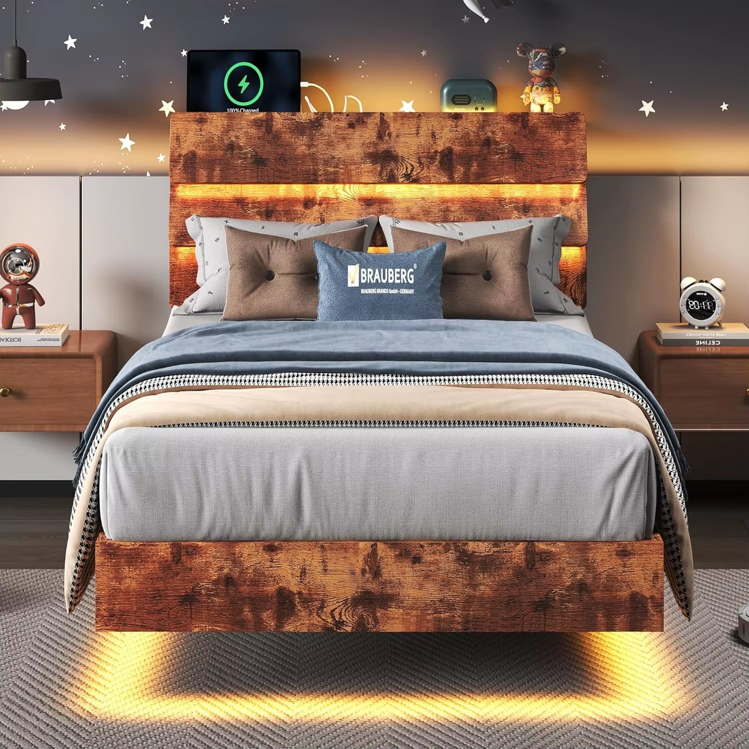 Feonase Floating Bed Frame King with Led Lights & Charging Station, Wood Full Size Bed Frame with Storage Headboard, Heavy Duty