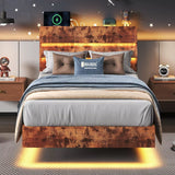 Feonase Floating Bed Frame King with Led Lights & Charging Station, Wood Full Size Bed Frame with Storage Headboard, Heavy Duty