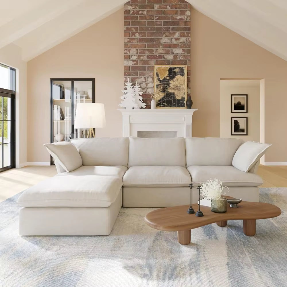 L-Shaped Plush Cloud-Like Sectional Sofa with Chaise and Removable Covers, Ideal for Living Rooms (Beige)