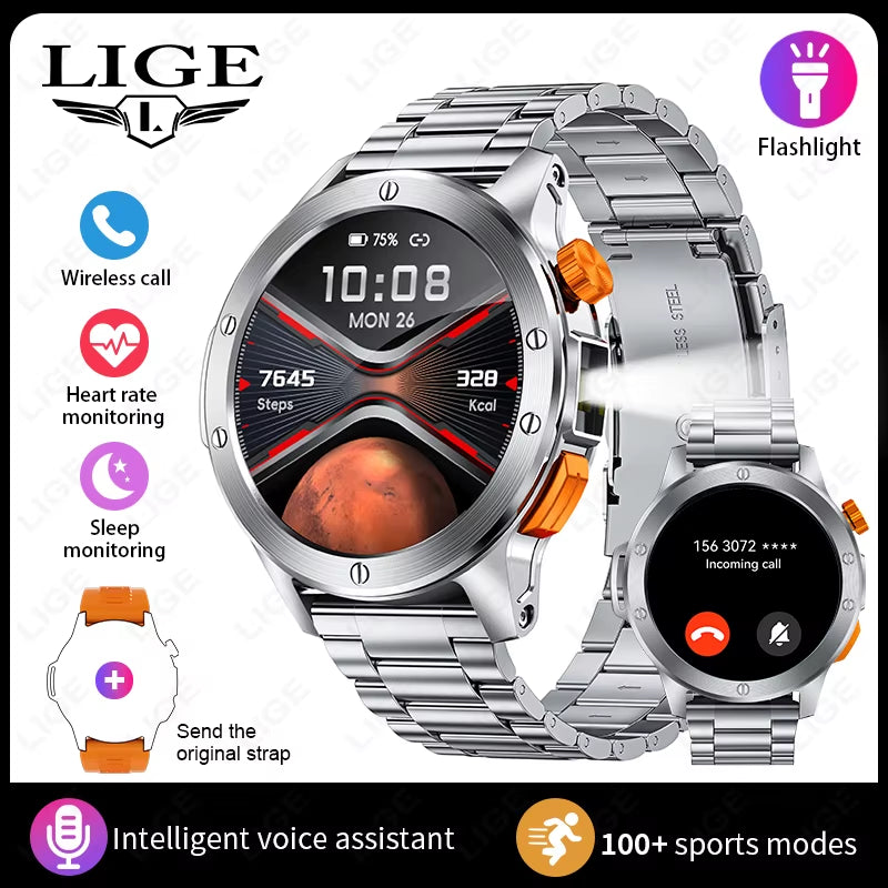 Sports Smart Watch Men LED Flashlight IP68 Waterproof Bluetooth Call Health Watches Voice Assistant Military Smartwatch Men
