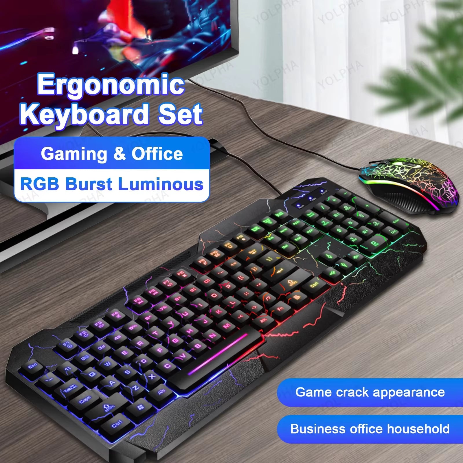 Rainbow Glow Gaming Keyboard & Mouse Set, Backlit, Ergonomic, Mechanical Feel