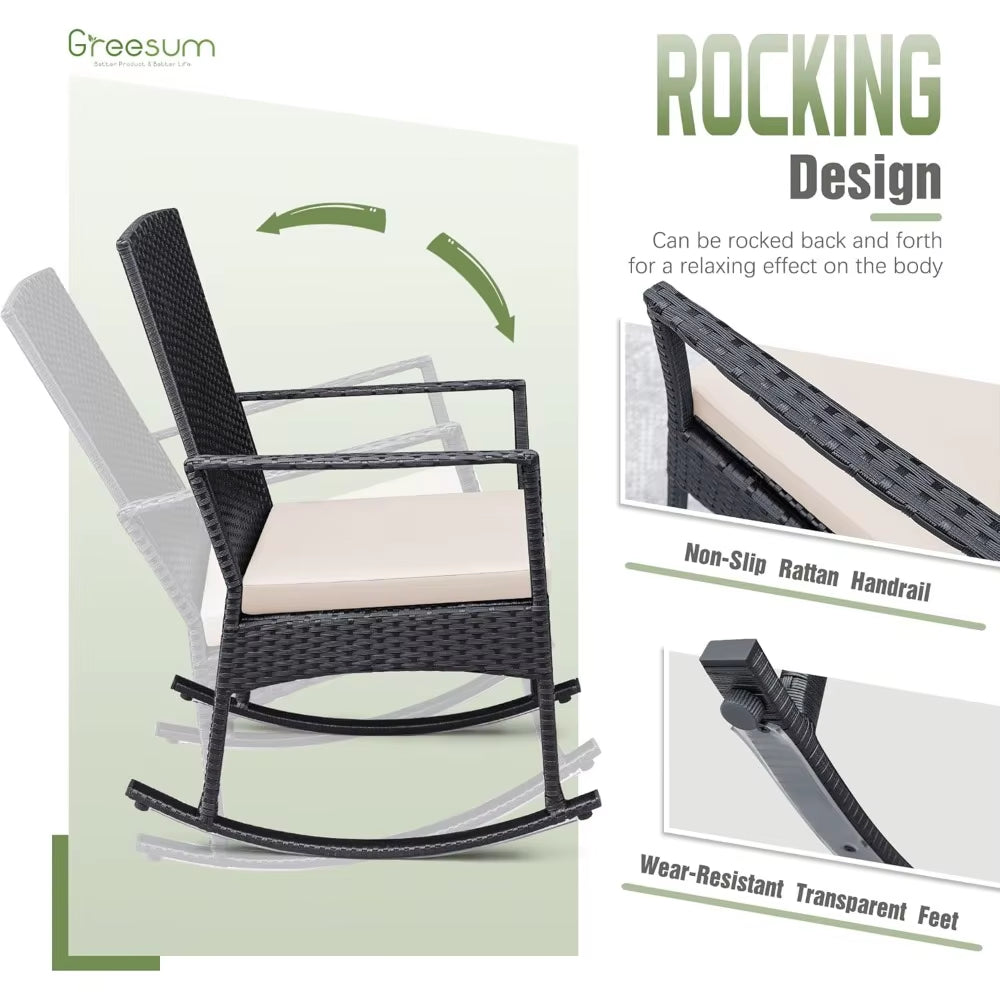 3 Pieces Patio Furniture Set Outdoor Wicker Rocking Chairs with Glass Coffee Table for Garden Backyard Porch Poolside, Beige