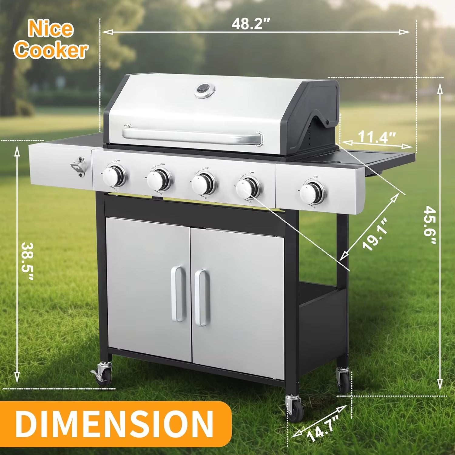 4 Burner Propane Gas BBQ Grill with Side Burner - 46890 BTU Output Stainless Steel Grill with Enameled Cast Iron Cooking Grid Si