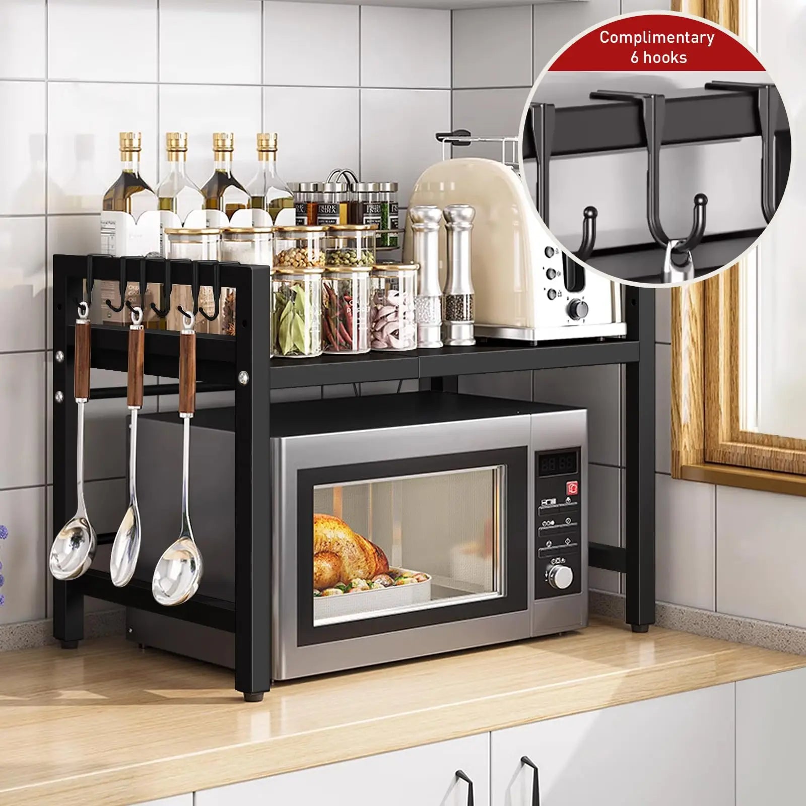 1Pc Expandable 42-64Cm Microwave Shelf Organizer, Moisture and Rust Proof Microwave Countertop Organizer,Tableware Storage
