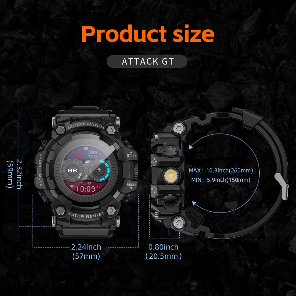 Rugged Sport Smart Watch ATTACK-GT Bluetooth Calls Colorful Waterproof Military Smartwatches with Flashlight for Phone