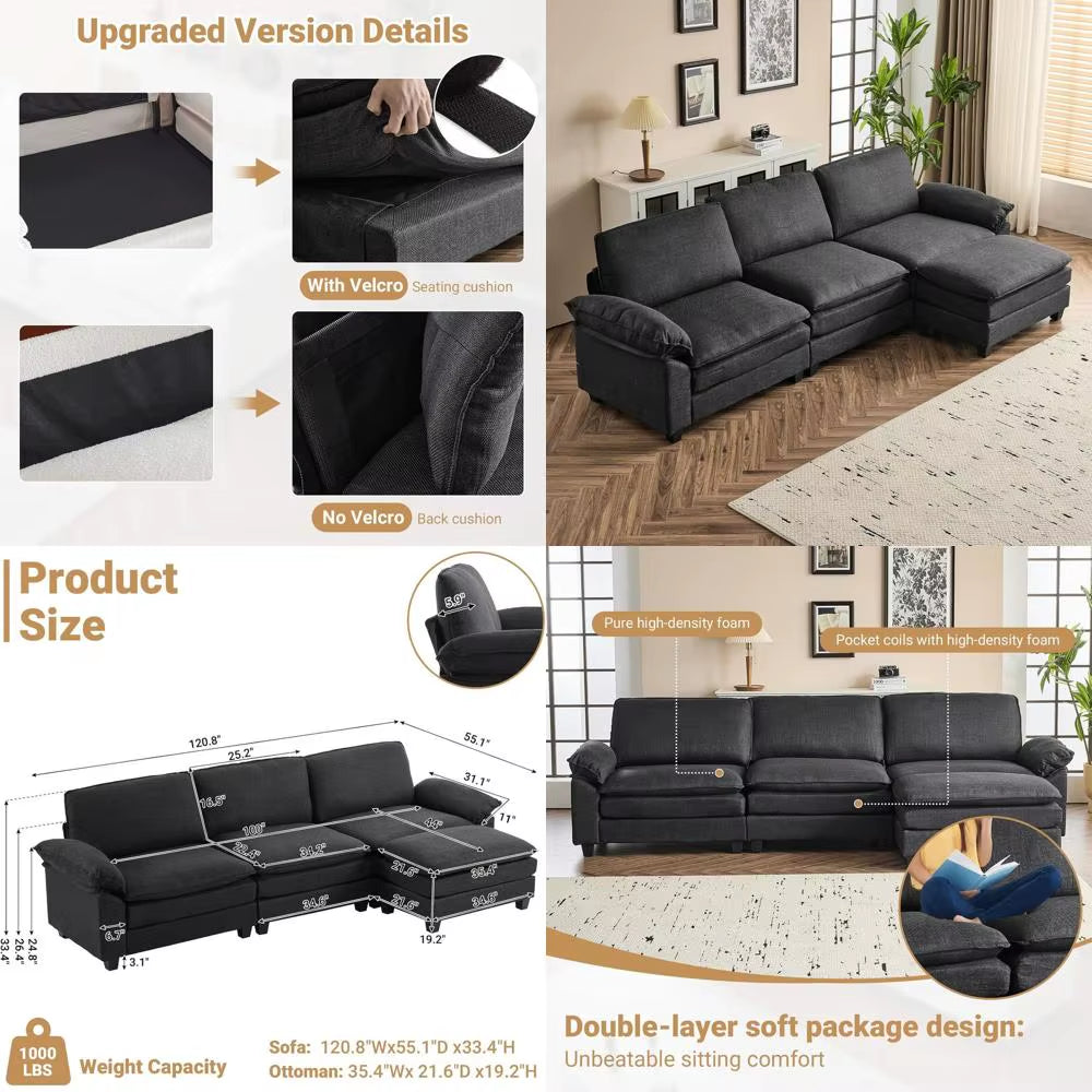 121" Cloud Couch, Comfy Modular Sectional Sofa Set for Living Room,Modern Linen 3-Seat Convertible Loveseat Sofa with 1 Ottoman