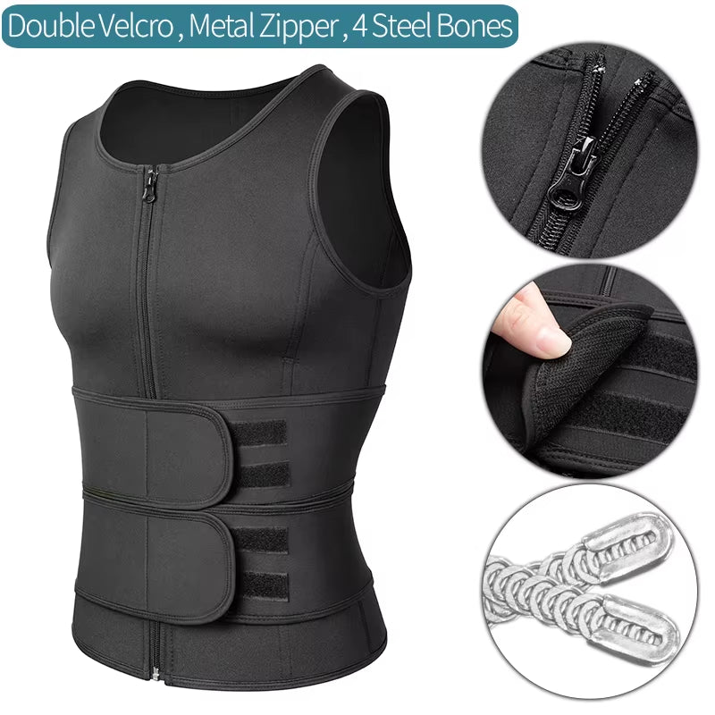 Men'S Body Shaper Waist Trainer Sauna Vest Double Belt Sweat Shirt Corset Top Abdomen Slimming Shapewear Fat Burn Fitness Suits
