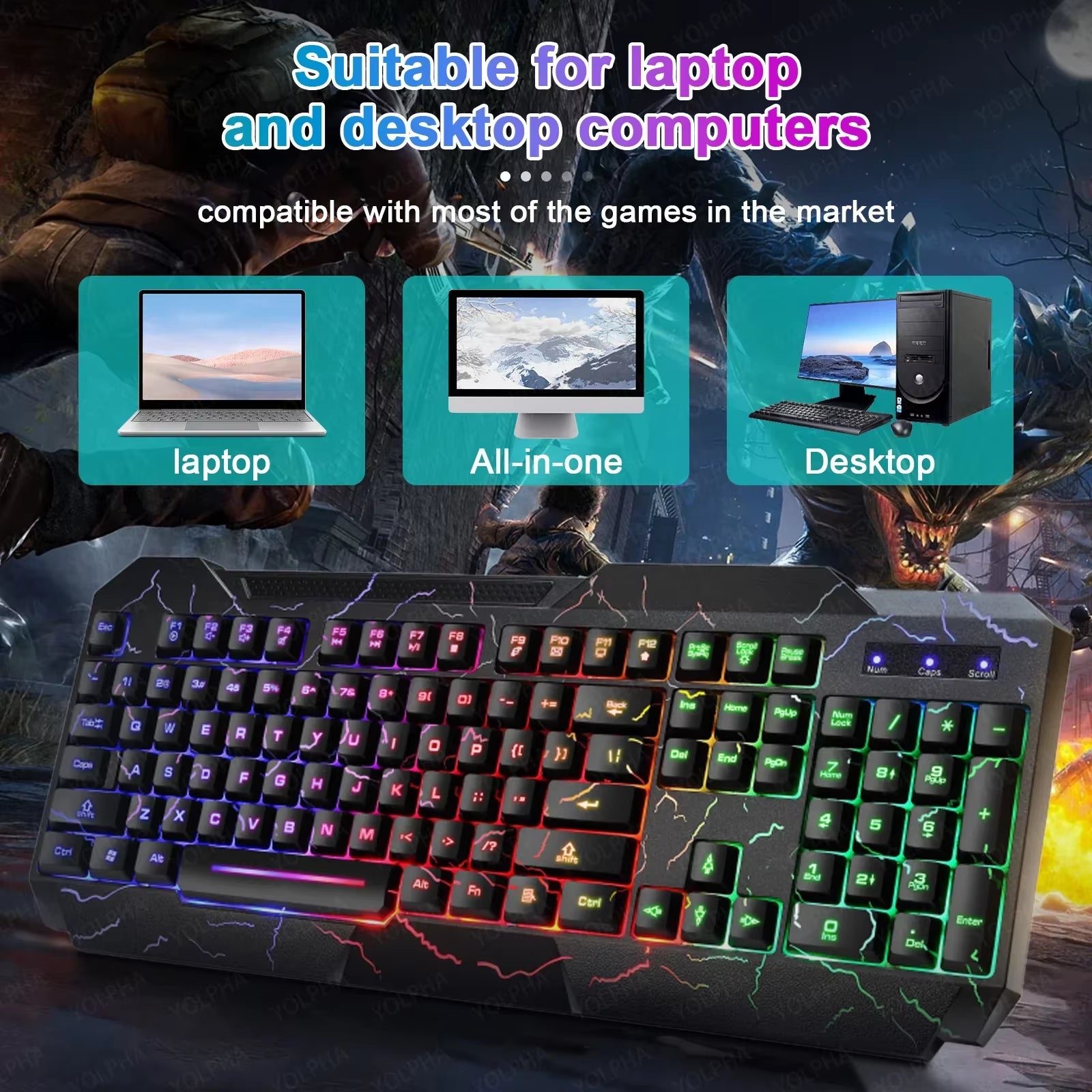Rainbow Glow Gaming Keyboard & Mouse Set, Backlit, Ergonomic, Mechanical Feel
