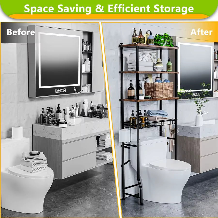 Storage Shelf,4Tier Bathroom Organizer Cabinet Rack and Storage over Toilet with Shelf Waterproof Feet Pad and Basket,Multifunct