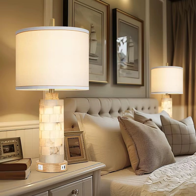 Natural Alabaster and Wood Table Lamp Set of 2 with Night Light Nightstand Lamps with USB Ports White Linen Fabric Shade Bedside