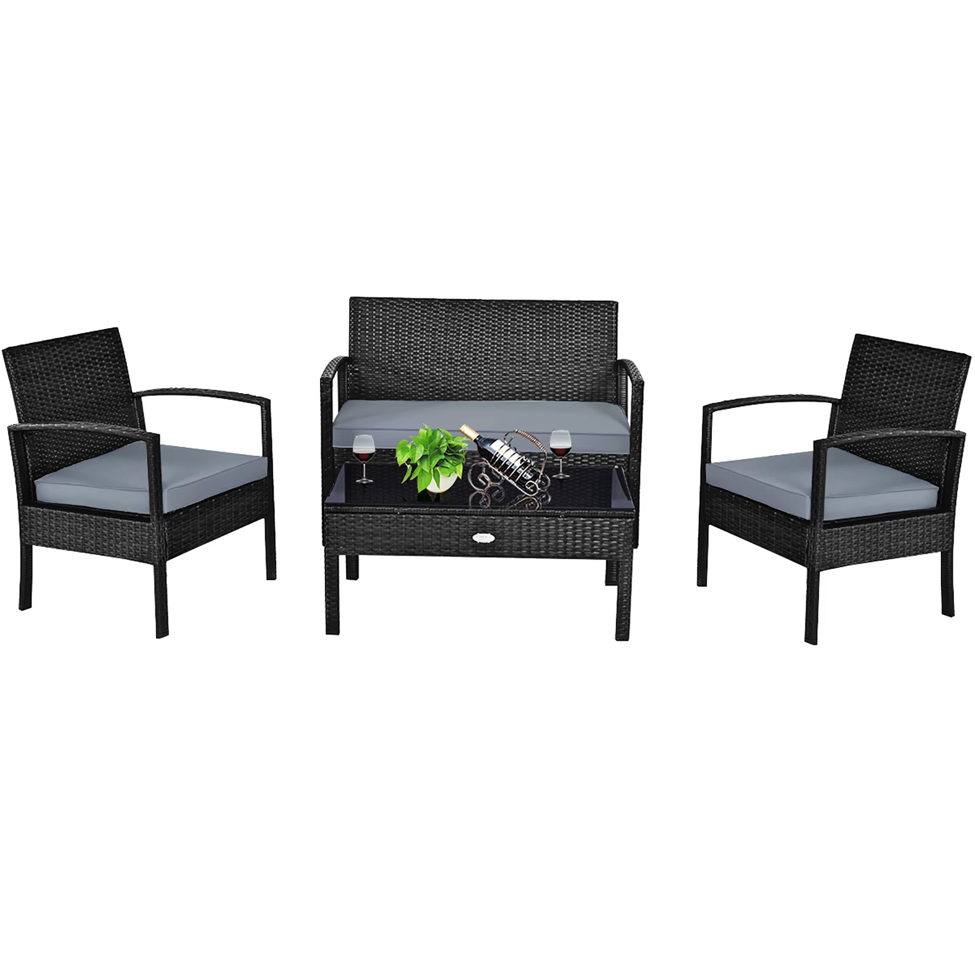 4Pcs Outdoor Patio Rattan Wicker Set Table Sofa Cushioned Deck Black