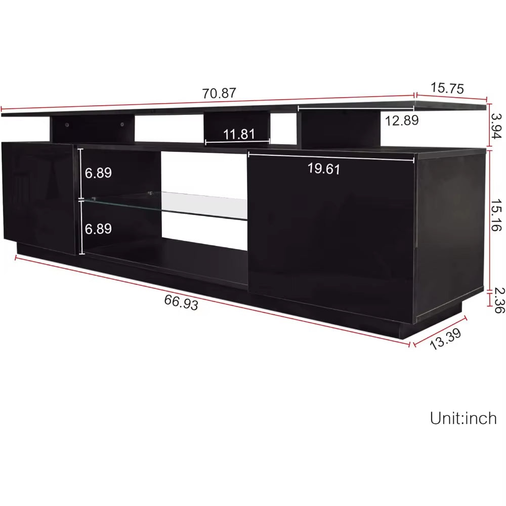 TV Stand for 65-80 in TV, Modern High Gloss Entertainment Center with Adjustable Mood Lighting, Glass Shelves & Largestorage