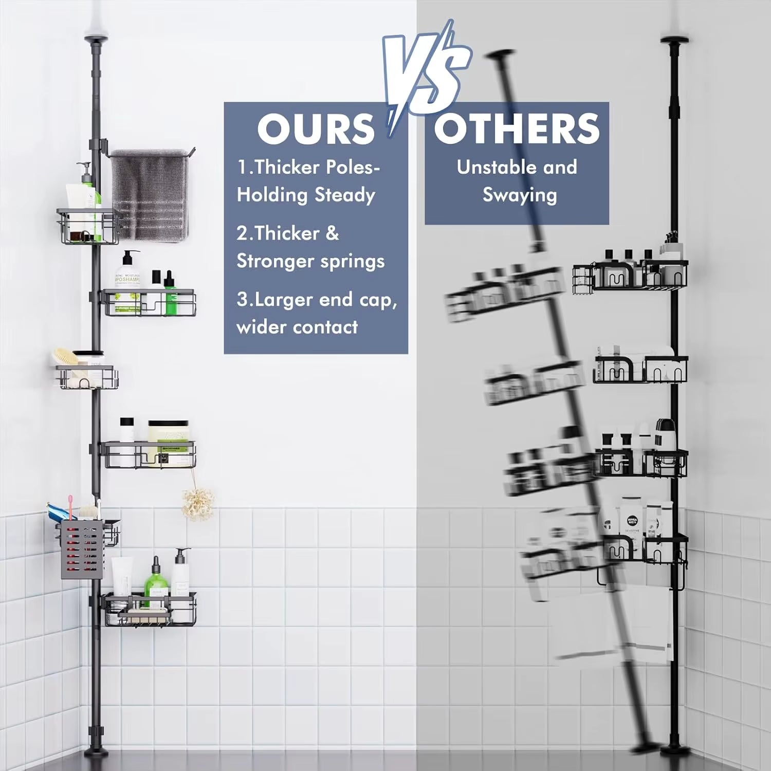Adjustable Shower Caddy Organizer, Rustproof 6-Pack Corner Shelf with Towel Bar & Soap Dish for Bathroom Storage, Black