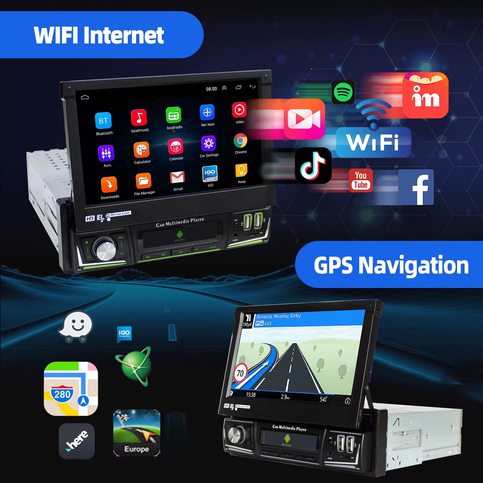 7Inch Single DIN 64G Flip Out Car Stereo Radio Carplay Android Auto Radio Bluetooth Touch Screen MP5 Player Head Unit GPS