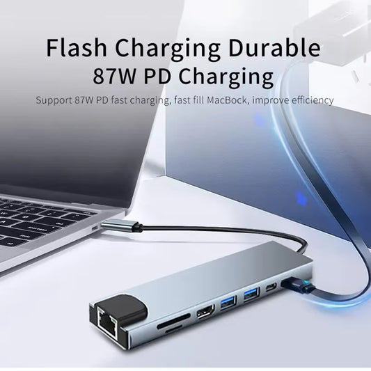 Fast Charge for Laptop Computer 8In1 Type C Hub USB C 8 in 1 USB3.1 to 4K HDMI Adapter with RJ45 SD/TF Card Reader PD