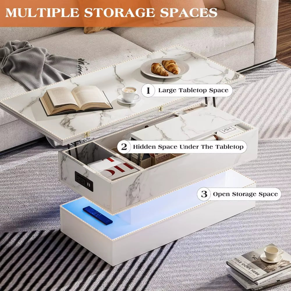 Lift Top Coffee Table with Charging Station,Modern High Glossy LED Coffee Table with Storage,3 in 1 Multifunctional Center Table