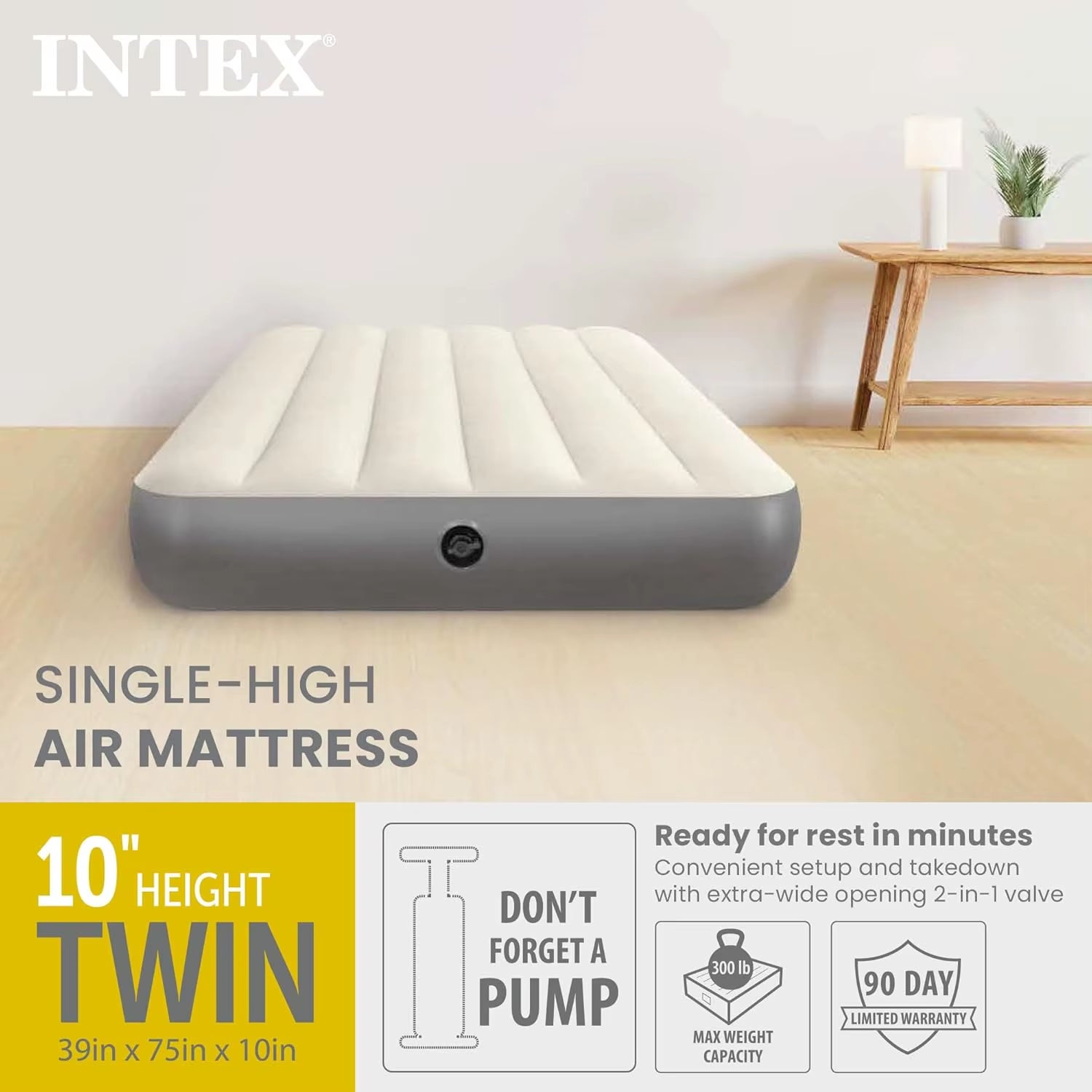 Durable Twin Air Mattress with Fiber-Tech Support, 10In Height, 300Lb Capacity - Pump Sold Separately