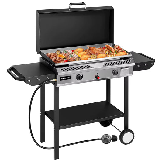 2-Burner Outdoor Griddle Station with Detachable Griddle Plate, Portable Propane Gas Stove with 2 Wheels,, Customized