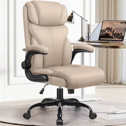Ergonomic Leather Office Chair with Adjustable High Back and Flip-Up Armrests for Big and Tall Users, Customizable Lumbar Support