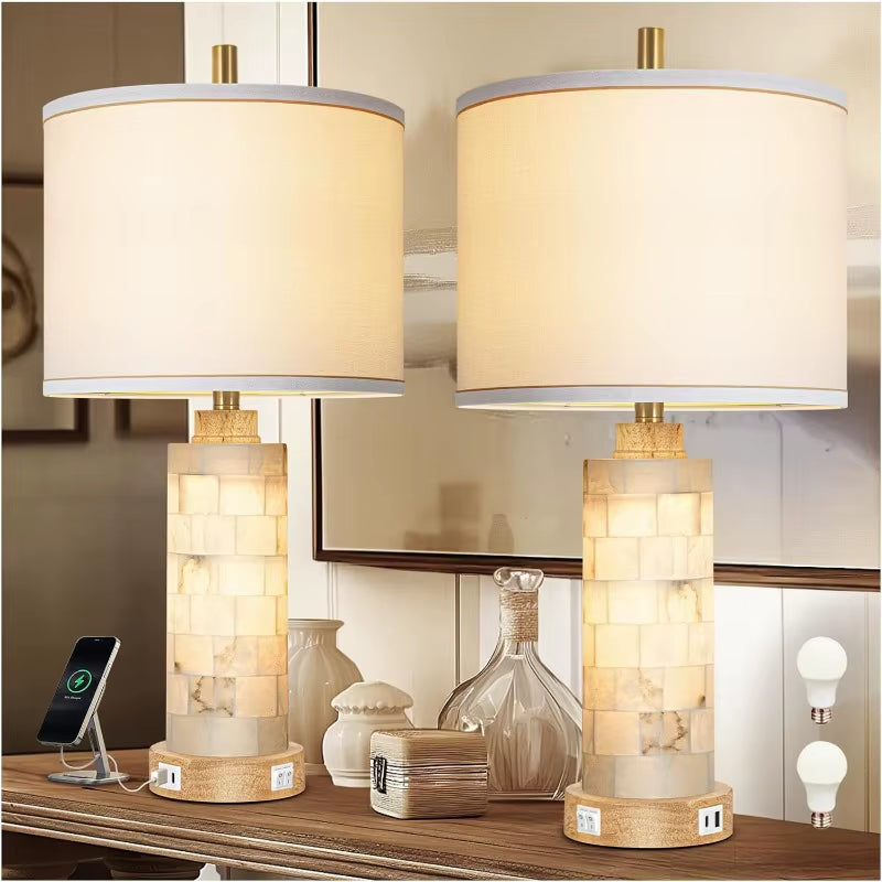 Natural Alabaster and Wood Table Lamp Set of 2 with Night Light Nightstand Lamps with USB Ports White Linen Fabric Shade Bedside
