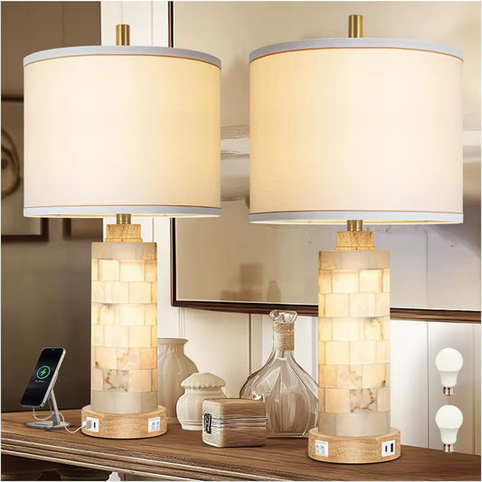Natural Alabaster and Wood Table Lamp Set of 2 with Night Light Nightstand Lamps with USB Ports White Linen Fabric Shade Bedside