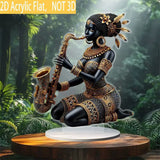 African Lady Figurine Sculpture with Saxophone Musical Instrument Handcrafted Tribal Art Statue for Home Office Decor And