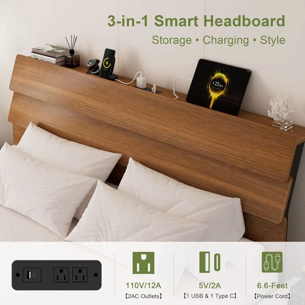 Feonase Floating Bed Frame King with Led Lights & Charging Station, Wood Full Size Bed Frame with Storage Headboard, Heavy Duty