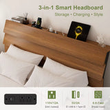 Feonase Floating Bed Frame King with Led Lights & Charging Station, Wood Full Size Bed Frame with Storage Headboard, Heavy Duty