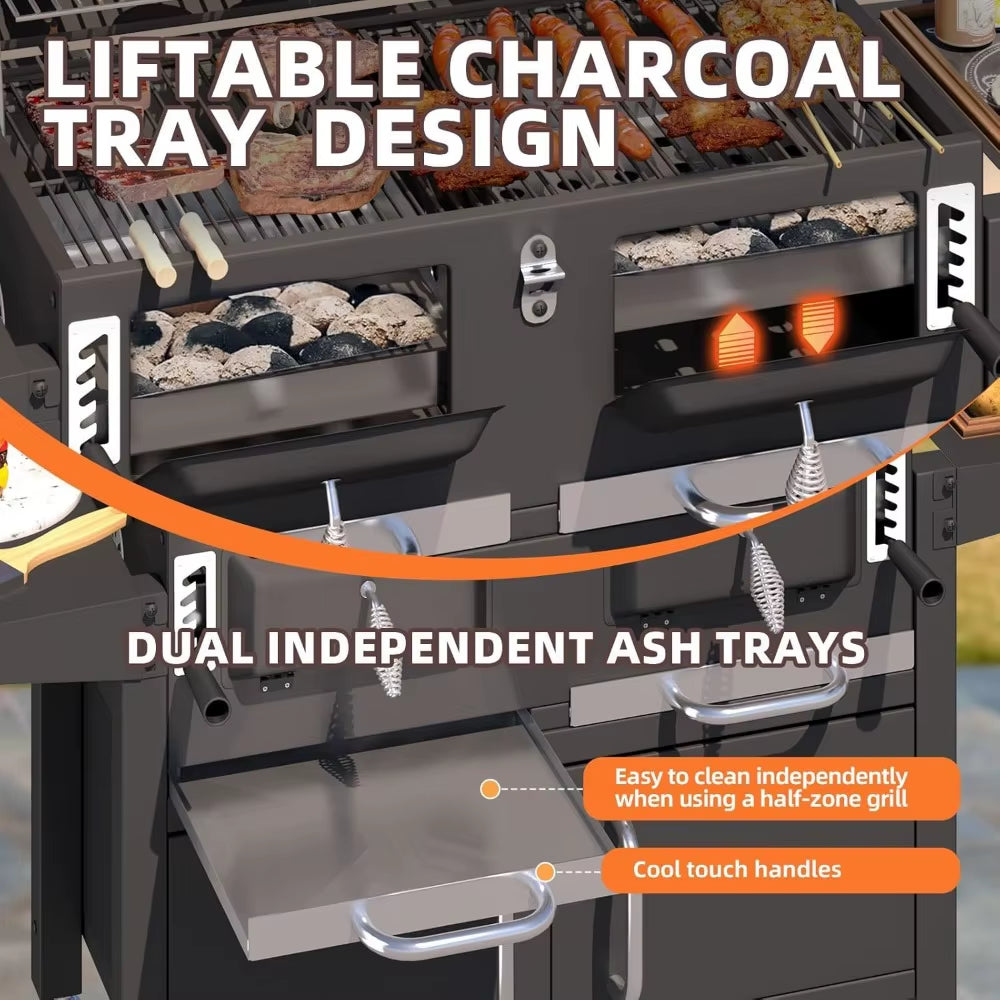 36 in Extra Large Charcoal Grill - 620 Sq.In Oversized BBQ Area with Thermometer & Individual Lifting Charcoal Trays, Storage C
