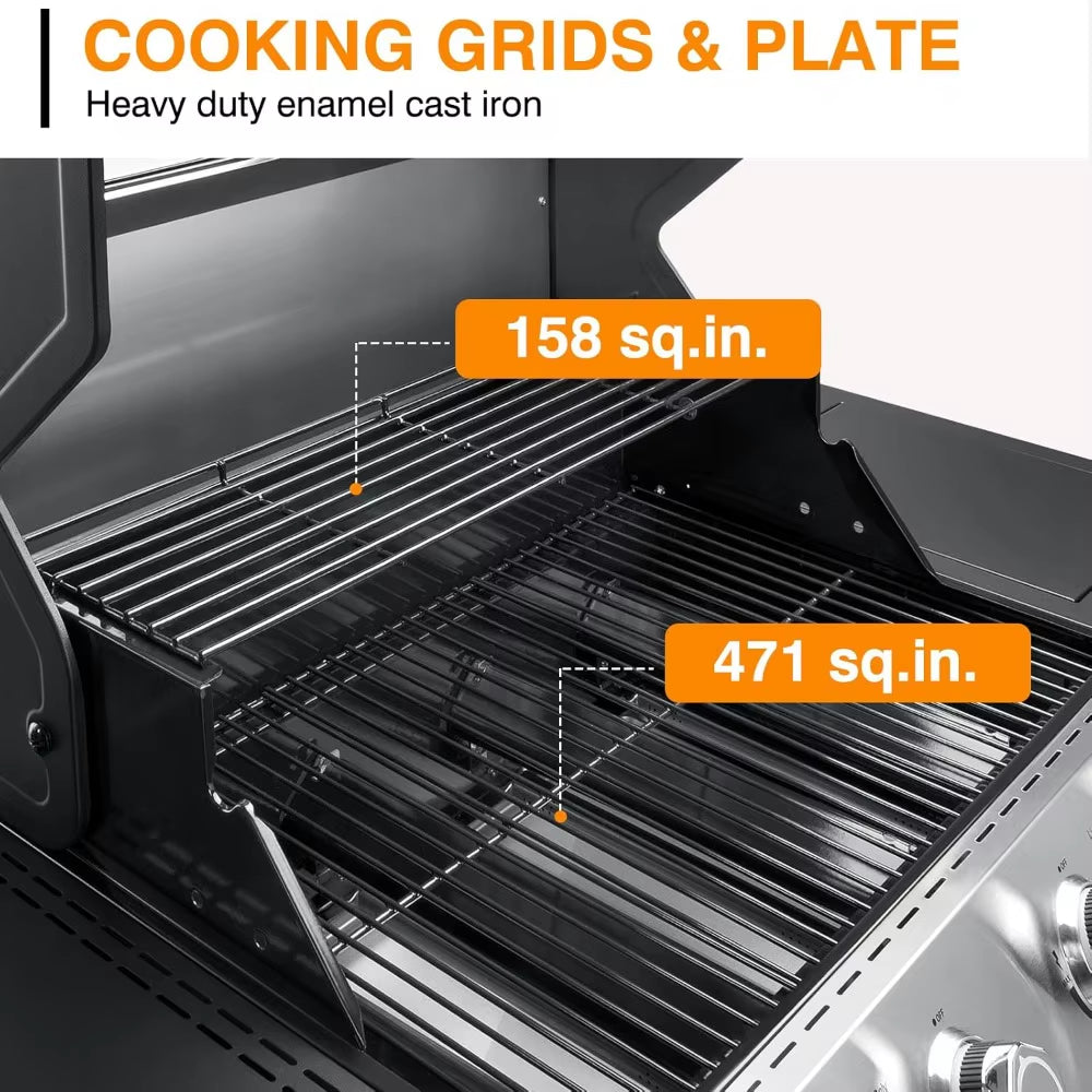4 Led Burner Propane Gas Grill with Side Burner & & Visual Glass, Stainless Steel Gas Grill with Enameled Cast Iron Grates