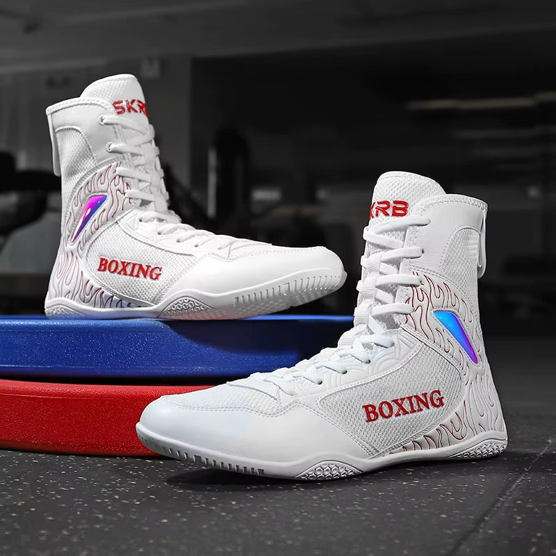 Professional Boxing and Wrestling Shoes for Men, Black and White Classic Comfort Training Boxing and Wrestling Fighting Shoes