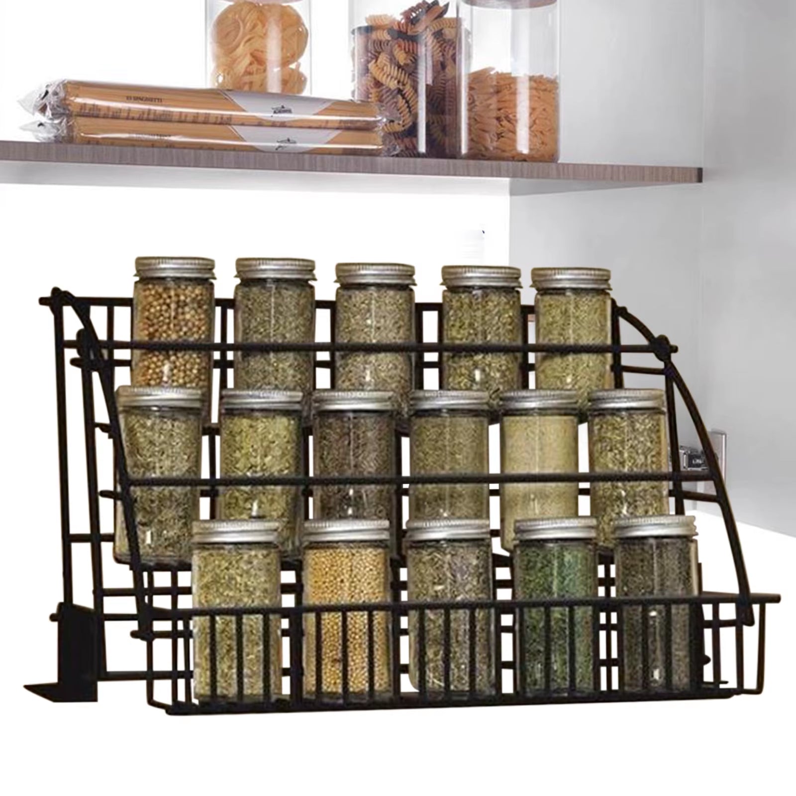 Kitchen Pull down Cabinet 3 Tier Spice Rack Organizer Metal Storage Shelf Stand